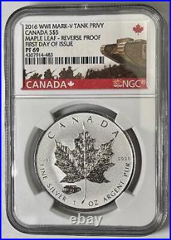 2016 Canada Maple Leaf. 9999 Silver $5 NGC PF-69 First Day of Issue WWI Mark-V T