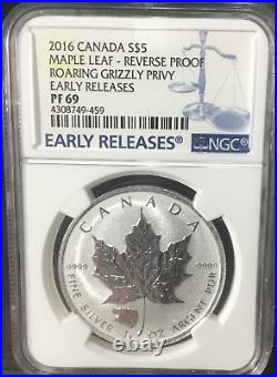 2016 Canadian Silver Maple Leaf ROARING GRIZZLY Privy Reverse Proof PF 69