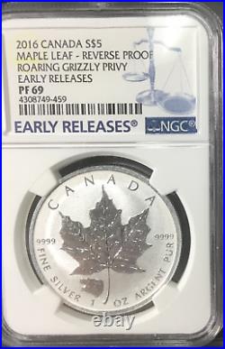 2016 Canadian Silver Maple Leaf ROARING GRIZZLY Privy Reverse Proof PF 69