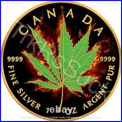 2017 BURNING MARIJUANA HYBRID 1 oz Silver Maple Leaf Coin Ruthenium and 24K Gold
