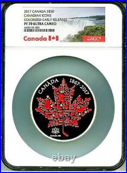 2017 Canada S$50 Canadian Icons Maple Leaf Colorized 5 Oz Silver ER NGC PF70 UC