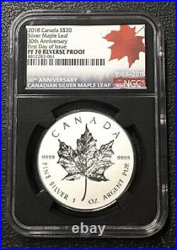 2018 $20 Canada 1 oz Reverse Proof Silver Maple Leaf, NGC PF70, 30th Anniv. FDI