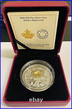 2018 $30 Fine Silver Coin Golden Maple Leaf. 999 62.69g. Leaf 18Kt Gold 1g. C573