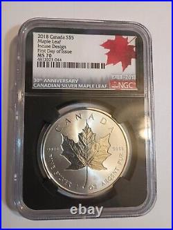 2018 30th Anniversary Ngcms70 Canadas$5 Maple Leaf Incuse Design First Day Issue