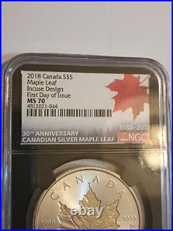 2018 30th Anniversary Ngcms70 Canadas$5 Maple Leaf Incuse Design First Day Issue