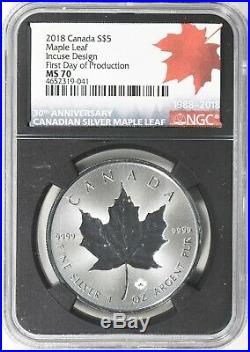 2018 $5 Canada Silver Maple Leaf-incuse Design-ngc Ms 70-fdop