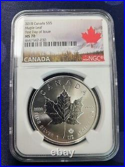 2018 $5 Canada Silver Maple (Non-Incuse) NGC MS70 First Day of Issue