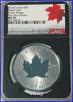 2018 CANADA $5 INCUSE MAPLE LEAF NGC MS70 FIRST DAY OF ISSUE 30th Anniversary