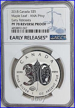 2018 Canada $5 Maple Leaf Reverse-Proof 30th Anniversary ANA Privy NGC PF70 ER