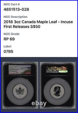 2018 Canada $50 3 Oz Maple Leaf Incuse First Releases NGC PF69 Silver Coin