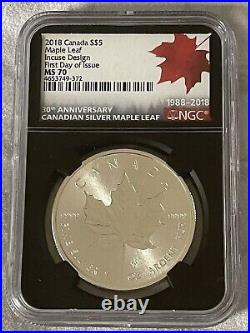 2018 Canada S$5 Maple Leaf Incuse Design First Day of Issue MS 70,30 ANNIVERSARY