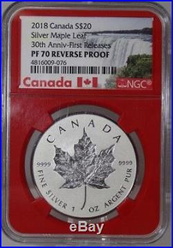 2018 Reverse Proof Silver $20 Canadian Maple Leaf Ngc Pf70 30th Ann. 1st Release