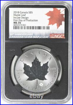 2018 Silver Canada Maple Leaf Incuse MS70 30th Anniv FIRST DAY OF Issue