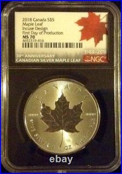 2018 Silver Canada Maple Leaf Incuse MS70 30th Anniv FIRST DAY OF PRODUCTION
