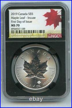 2019 $5 CANADA 1 OZ SILVER INCUSE DESIGN MAPLE LEAF NGC MS70 FIRST Day of Issue