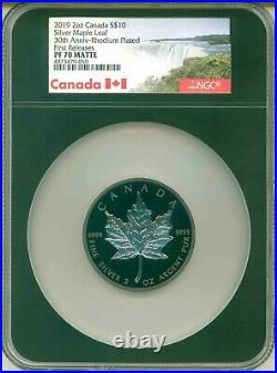 2019 Canada $10 2 Oz Rhodium Plated 30th Ann Silver Maple Leaf Set FR PF70 Matte