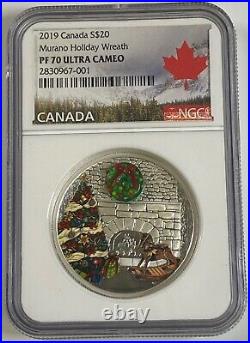 2019 Canada $20 1 oz Proof Silver Murano Holiday Wreath Coin 3D NGC PF 70 UCAM