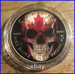 2019 Colorized 24kt Gold Maple Leaf 1oz Silver $5 Coin Skull & Flag COA #19/250