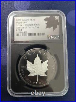 2020 $20 Canada Silver Maple Incuse Rhodium NGC PF70 First Day of Production