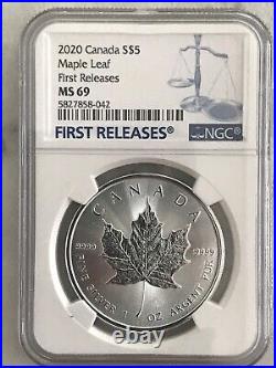 2020 $5 Canada 1 Oz Silver Maple Leaf Ngc Ms69 Rare First Releases Blue Label