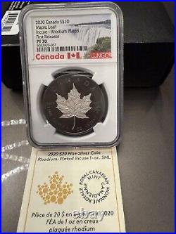 2020 Canada $20 1Oz Silver Maple Leaf Incuse Rhodium Plated NGC PF70 FR + COA