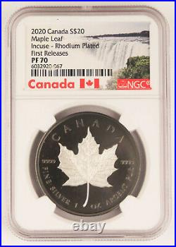 2020 Canada $20 1Oz Silver Maple Leaf Incuse Rhodium Plated NGC PF70 FR + COA