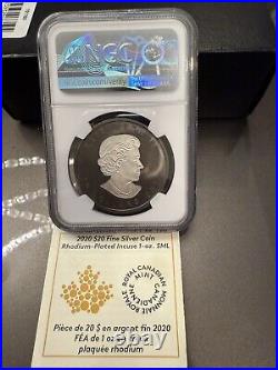 2020 Canada $20 1Oz Silver Maple Leaf Incuse Rhodium Plated NGC PF70 FR + COA