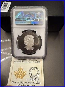 2020 Canada $20 1Oz Silver Maple Leaf Incuse Rhodium Plated NGC PF70 FR + COA