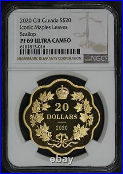 2020 Canada $20 Silver Iconic Maples Leaves Scallop Gilt NGC PF-69 Ultra Cameo