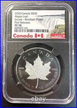2020 Canada MAPLE LEAF $20 Silver Dollar FIRST RESPF70 Incuse-Rhodium Plate