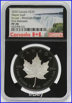 2020 Canada Maple Leaf Incuse NGC PF 70 Black Rhodium 1 oz Silver $20 Coin JJ305