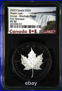 2020 Canada Silver $20 Maple Leaf Incuse Rhodium Plated NGC PF 70