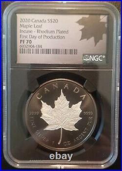 2020 Proof $20 Silver Canada Maple Leaf Incuse 1 oz Rhodium Finish NGC PF70 FDOP