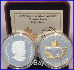 2020 Timeless Icons Piedfort $25 1OZ Silver Coin Canada Maple Leaf & POLAR BEAR
