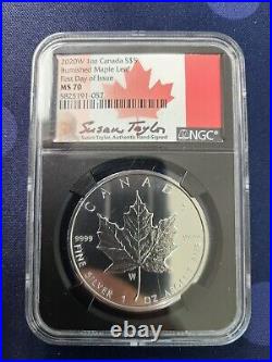 2020-W $5 Canada Burnished W Mark Silver Maple Leaf NGC MS70 FDI Susan Taylor