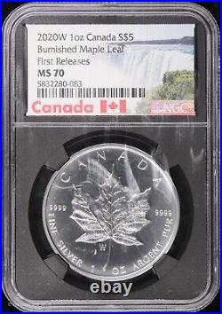 2020 W Canada $5 1oz. Silver Burnished Maple Leaf NGC MS70 First Releases BU Unc