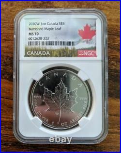 2020-w Canada Burnished Maple Leaf 1 Ounce. 9999 Silver Five Dollar Ngc Ms 70