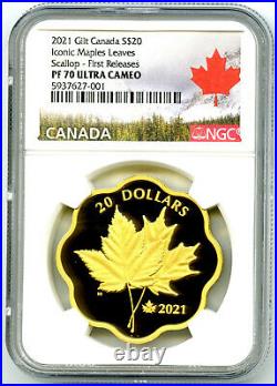 2021 1oz Canada $20 Gilt Silver Iconic Maple Leaves Scallop Proof Ngc Pf70 Fr