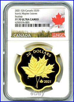2021 1oz Canada $20 Gilt Silver Ngc Pf70 Iconic Maple Leaves Scallop Proof