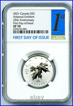 2021 $5 Canada Silver Ngc Sp70 Maple Leaf Aboreal Emblem First Day Of Issue Rare