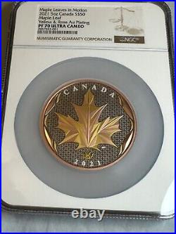 2021 Canada Oversize Silver Coin 5oz Rose & Gold Gilt Maple Leaves in Motion NGC