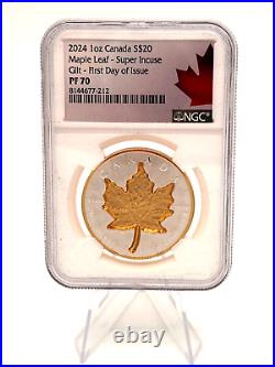 2024 $20 SUPER INCUSE SILVER MAPLE LEAF w GOLD GILT 1 oz. 9999 NGC PF70 FDOI