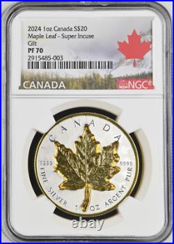 2024 CA $20 GOLD GILT SILVER SUPER INCUSE Maple Leaf SML PROOF NGC PF70 RARE