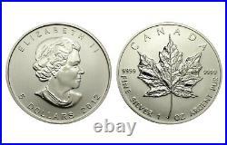 25 x 1oz Silver Canadian Maple Leaf Coins 2012 Full Tube