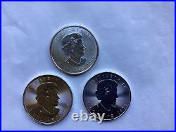 3 x Canada Maple 1 Ounce Silver 5 Dollar Coins, 2008, 2019 & 2022