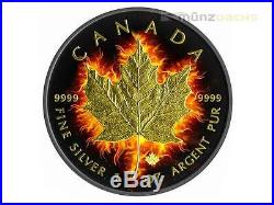 $5 Dollar Black Burning Fire Maple Leaf 2014 Ruthenium Gold 1 oz Silver Canada
