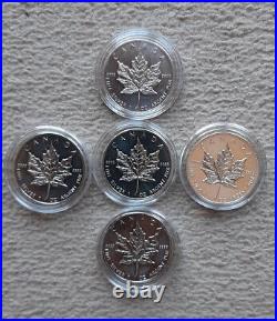 5 beautiful 1 oz silver maple leaf coins (2010)