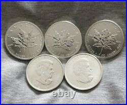 5 x 1oz 2012 SILVER CANADIAN MAPLE LEAF COINS