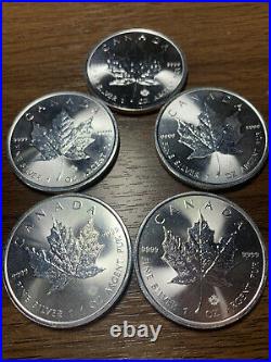 5 x 2020 Canadian 1 oz Maple Leaf 999.9 Silver Bullion Coins (caps included)