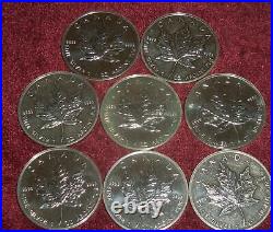 8 CANADA SILVER MAPLE LEAVES, $5 COINS, 1989 1993, 1 TOz. 9999 SILVER Each
